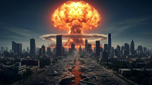 An intense nuclear explosion engulfs a city skyline in flames and debris. The explosive force produces a massive mushroom cloud that towers over urban structures. Smoke billows out, obscuring