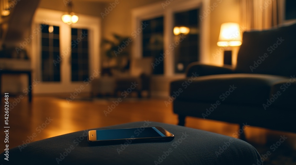 Poster a smartphone rests on a soft fabric ottoman next to a plush armchair, illuminated by a warm glow fro
