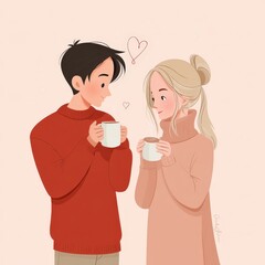 Couple with coffee mugs looking at each other 