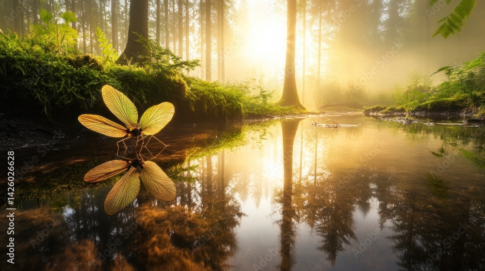 Poster misty forest stream with insect reflection. sunlight streams through trees casting warm hues on tran