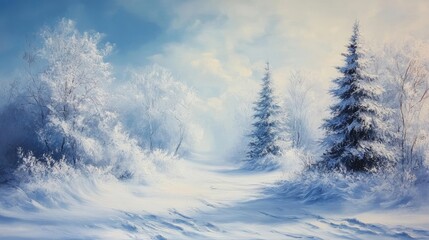 Fototapeta premium Snowy winter landscape with trees and snowdrifts