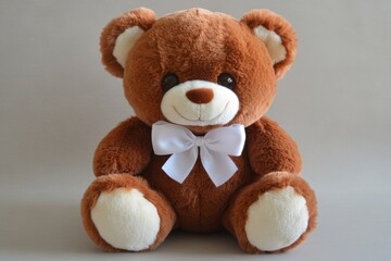 Obraz premium Cute plush teddy bear with a bow sits cheerfully against a neutral background