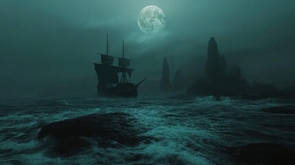 Fototapeta premium Dark Ship at Night on a Misty Sea