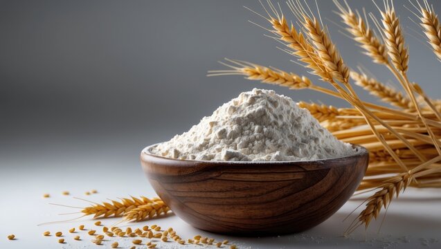 Wheat Flour in a Wooden Bowl on a White Background