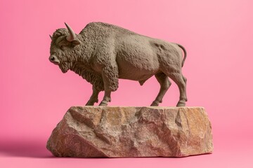 Grey bison sculpture atop a sculpted rock.