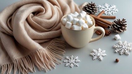 Winter cozy flat lay featuring cashmere scarf and marshmallows on gray background with festive background design