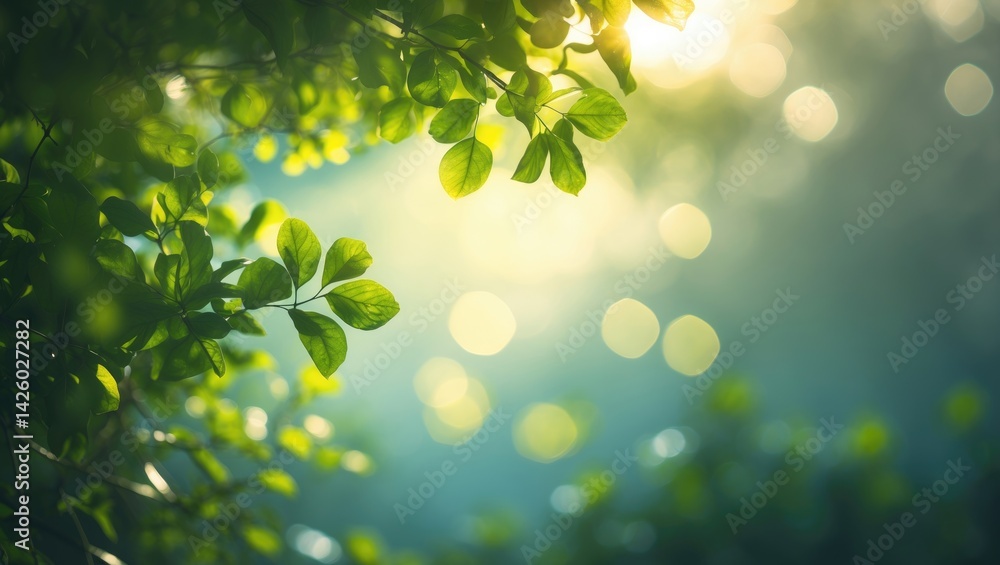 Poster fresh green leaves bokeh on nature abstract blur background from tree for social media advertisement