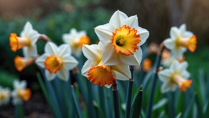 Obraz premium White and orange split-cupped Papillon daffodils flowering in a garden