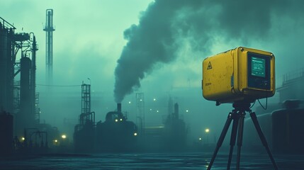 A portable air monitor on a tripod stands in an industrial area, surrounded by pipes and steam, emphasizing its role in environmental safety