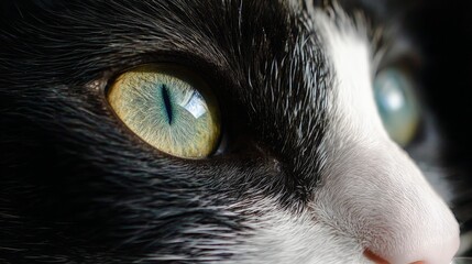 Close-up of black and white cat with green eyes