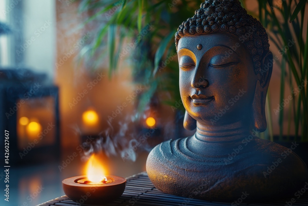 Poster buddha statue with candle and incense creating a serene atmosphere in a calm space