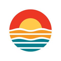 retro vintage sunset sea wave striped vector art silhouette