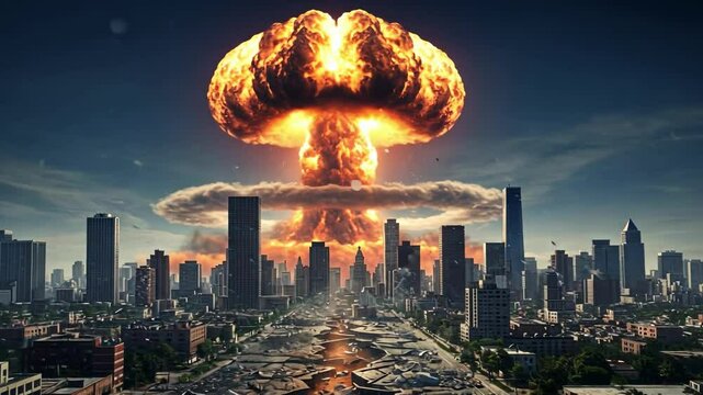 A breathtaking display of destruction unfolds as a large nuclear explosion erupts in a modern city, sending a massive mushroom cloud into the sky. The blast transforms the urban landscape, leaving