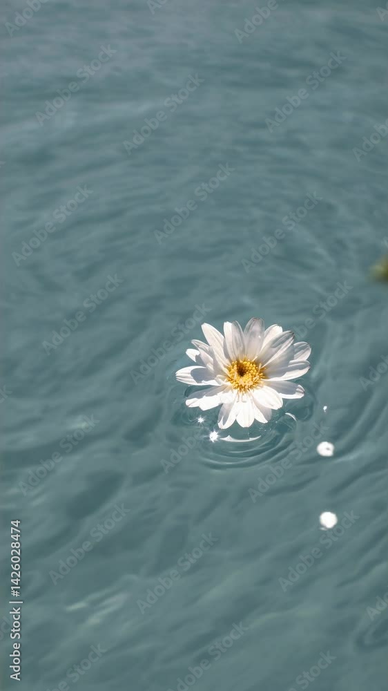Poster aerial view of a white daisy floating on rippling water, creating a serene and calming effect, perfe