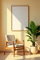Beige wall, cozy chair, potted plant, sunlight, shadow, minimalist , copy space, contemporary