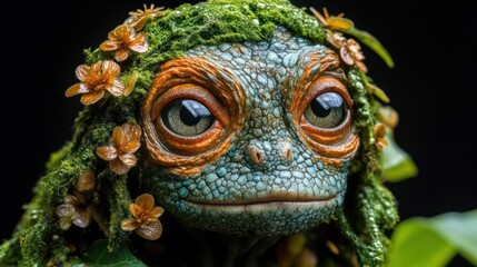 Fototapeta premium Fantasy lizard creature with moss and flowers