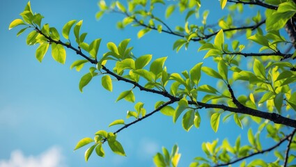 Fototapeta premium Bright green leaves emerging on tree branches beneath a clear sky signal the start of spring.