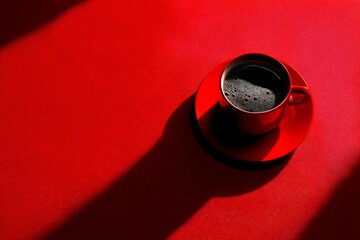 Bold black coffee in a vibrant red cup on a striking red tablecloth during morning light