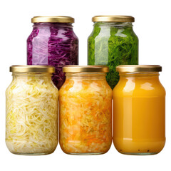 Colorful Glass Jars of Fermented Vegetables and Juices on Display, isolated on transparent background.