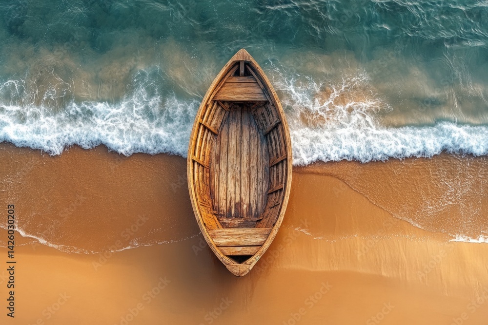 Poster wooden boat resting on sandy beach with gentle waves lapping at the shore during midday