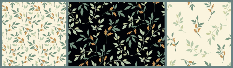 Seamless floral pattern, liberty ditsy print with small decorative branches in abstract composition. Botanical design of hand drawn tiny branches, leaves, simple flowers tassels. Vector illustration.