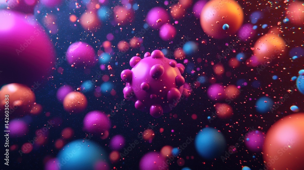 Poster colorful abstract particles in motion on a dark background with bubbles and fluid design elements