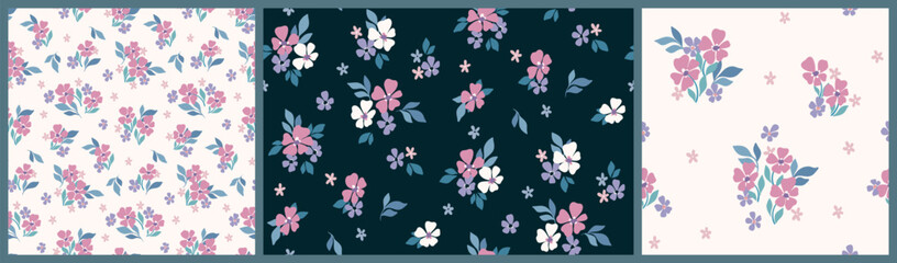 Seamless floral pattern, liberty ditsy print with simple plants in vintage motif. Romantic botanical design: small hand drawn daisy flowers, tiny bouquets, leaves. Vector illustration.
