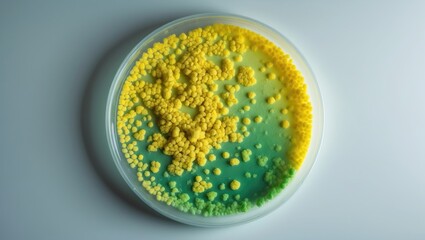 Vibrio cholerae bacteria colonies on selective agar plate with green top view