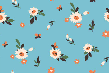 Seamless floral pattern, liberty ditsy print with simple hand drawn plants. Stylish botanical design: small hand drawn daisy flowers, leaves, bouquets abstractly on blue field. Vector illustration.