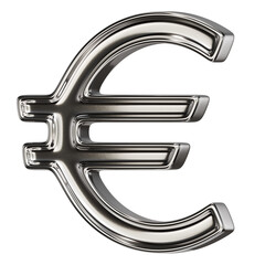 Chrome Euro Symbol 3D Render on Transparent Background
