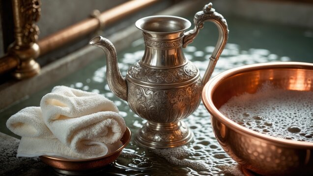 Authentic hamam scene featuring water jar, towel, copper bowl, and soap foam in a wide screen layout.