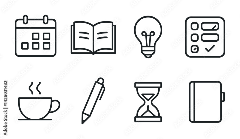 Poster essential productivity icons set: flat linear style for everyday use