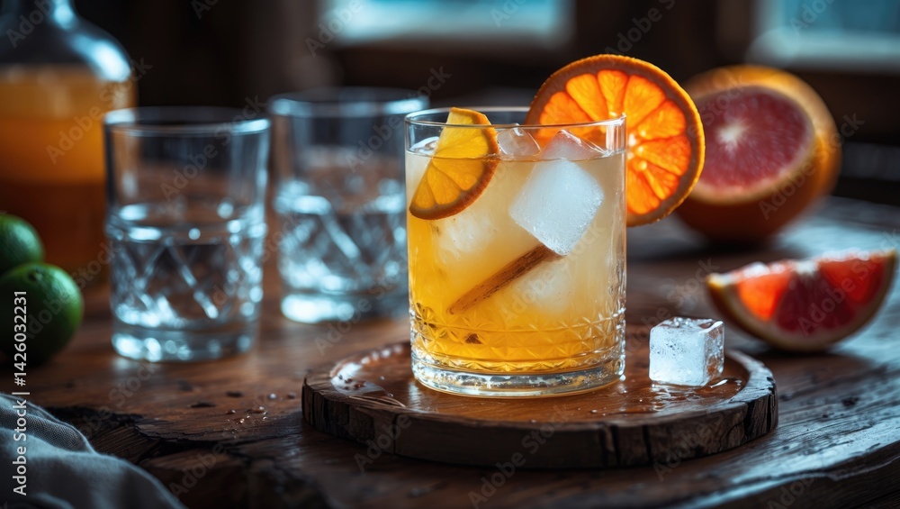 Poster whiskey sour cocktail illuminated on table with shallow depth of field