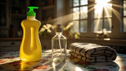 Washing up liquids and rag placed on table indoors