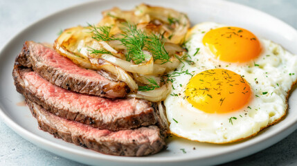 Delicious steak and eggs served with sauteed onions and fresh dill create hearty breakfast plate. vibrant yolks and tender meat evoke sense of satisfaction and comfort