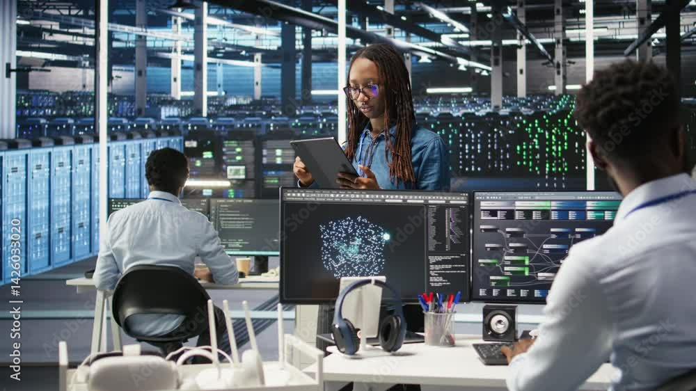 Poster portrait of upbeat server hub software developer using node tree software to optimize system health.