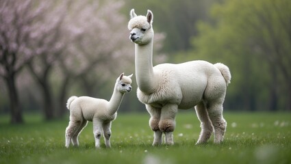 Adorable young alpaca with its mother in rural farmland