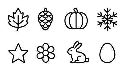 Seasonal outline icons set: nature and festive symbols in linear style