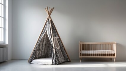 Bright and stylish child's bedroom with tent, cot, and minimalist interior