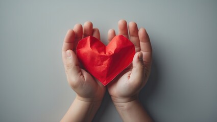 Fototapeta premium Child offering a crafted red paper heart as a gesture of love and friendship