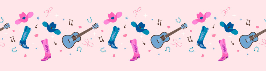 Cowboy Country style music and dance concept seamless border pattern. Wild west illustration with boots, hat, guitar and horseshoe ribbon design