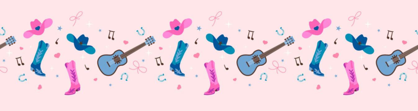 Cowboy Country style music and dance concept seamless border pattern. Wild west illustration with boots, hat, guitar and horseshoe ribbon design
