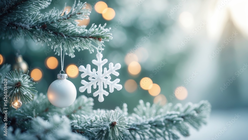 Poster white snowflake toy hanging on the tree - close-up of a snow-covered tree with a decorative backgrou