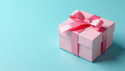 Elegant gift box with curly satin ribbon, pastel blue backdrop, copy space , clean, festive