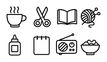 Home hobby icons set: flat style collection for creative leisure activities