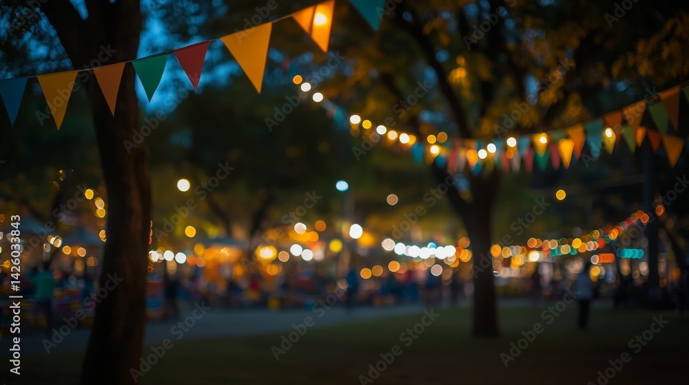 Poster colorful triangular flags sway between trees, adding a festive touch to a lively outdoor picnic scen