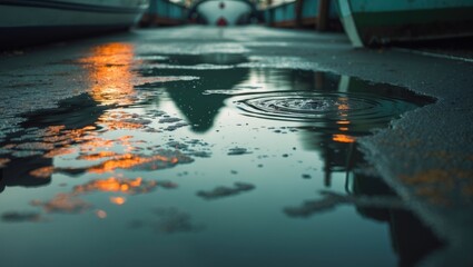 Urban street scene with water reflection on wet asphalt after rain in Thailand