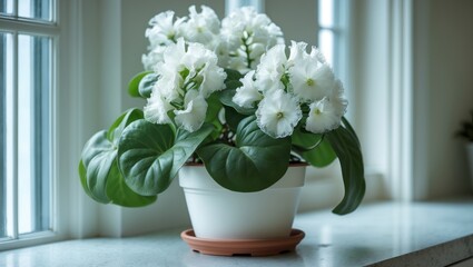 Saintpaulia in a white pot placed on the window