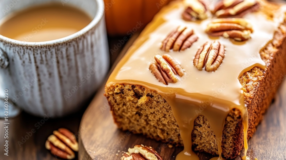 Poster a slice of delicious pumpkin bread with caramel icing and pecans rests on a wooden board, creating a