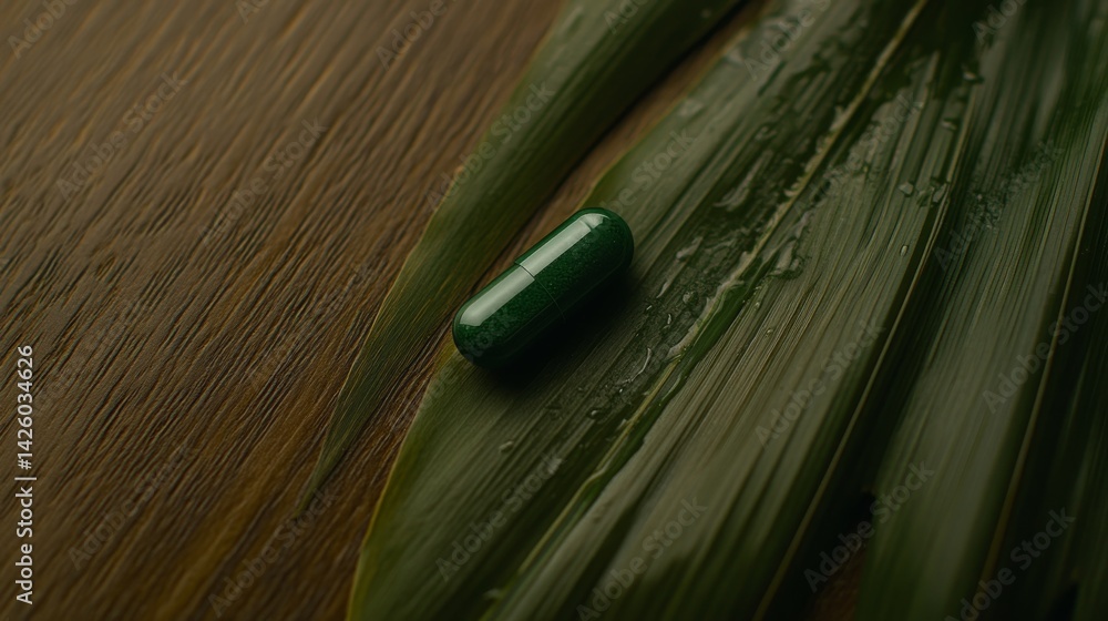 Poster A green capsule sits atop a moisture-laden leaf on a wooden surface, illuminated by soft natural light, creating an inviting and harmonious nature scene